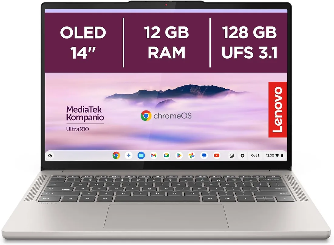 Lenovo Chromebook Plus Gen 10 - Ordenador Portátil 14'' OLED WUXGA (MediaTek Kompanio Ultra 910, 12GB RAM, 128GB UFS, ChromeOS)-Seashell+1 año de Google AI Pro con 5TB de Almacenamiento foto 2