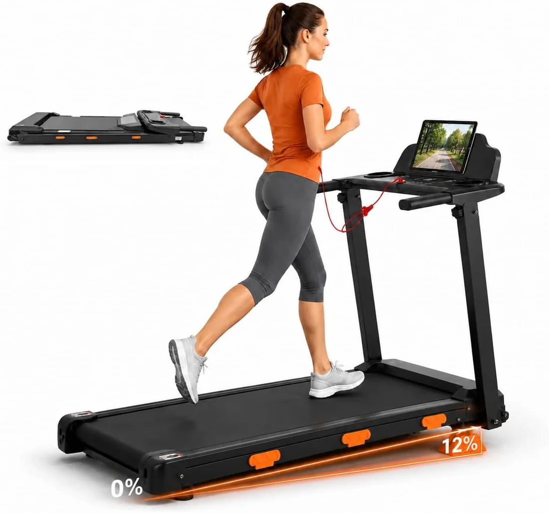 Cinta de Correr Plegable 12% con Inclinación, Walking Pad 12km/h con Pantalla LED, Motor Sin Escobillas 3.0HP, Soporte 138KG, Cinta de Andar Plegable para Caminar, Trotar y Correr