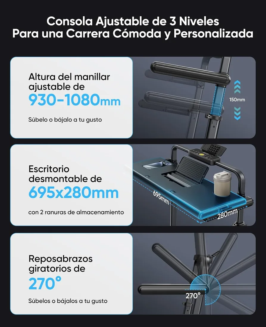 Cinta de Correr Plegable, 6 en 1 Cinta de Correr con Inclinación 3 Niveles, Motor 3.0 HP, Velocidad 1-12 km/h, Manillar Extensible 15 cm, Cinta de Andar con Cinta RGB, App, Carga 150 kg foto 3