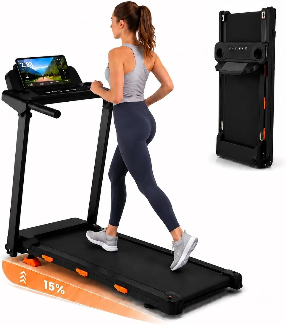 Cinta de Correr y Andar Plegable para Casa, 1-12 km/h, Motor sin Escobillas de 3.0 HP, Inclinación 3 Niveles hasta 15%, Pantalla LED, Soporte 150 kg