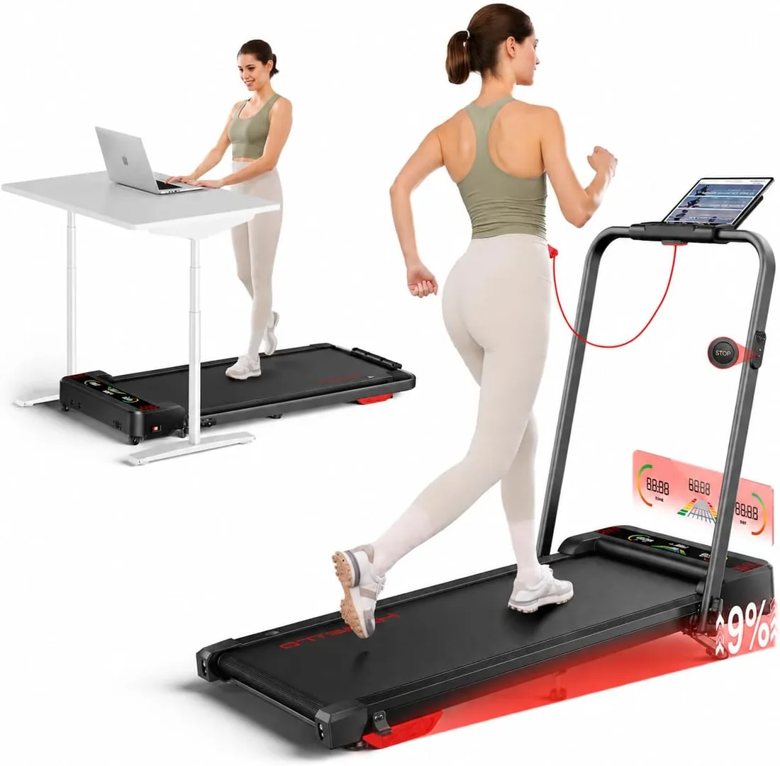 HOMETRO Cinta de Correr y Andar Plegable, Cinta Eléctrica 5 en 1 con 9% Inclinación Alta, 2.5HP (12 km/h), Walking Pad Inteligente con App y Bluetooth, Gym en Casa