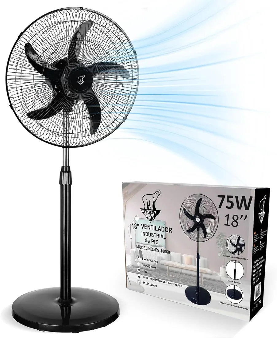 Ventilador de Pie Potente 75W, Aspas de 45 cm (18"), 3 Velocidades Ajustables, Silencioso, Oscilante, Altura Regulable, Base Reforzada, Adecuado para Hogar, Oficina y Almacén, Negro foto 3