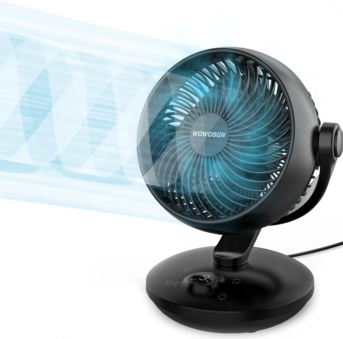 WOWDSGN Ventilador silencioso de 22 dB, con 6 niveles y pantalla, temporizador de 9 horas, potente circulación de aire turbo 3D, oscilación de 100° y 80°, ventilador de mesa para dormitorio, salón