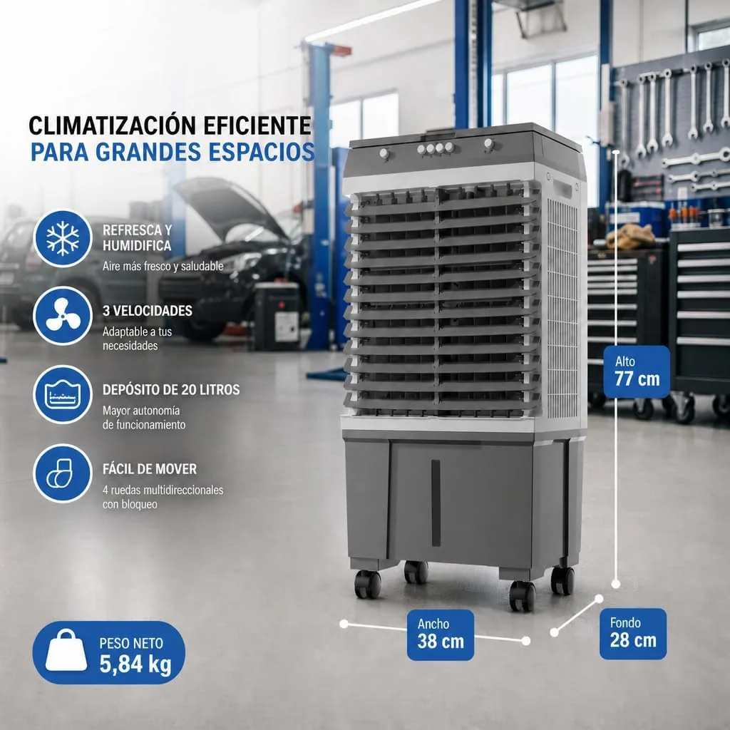 Climatizador Evaporativo 20L | Sin Tubo Exterior | Triple Función: Frío, Humidificador y Ventilación | 4 Acumuladores de Frío | 3 Velocidades | Lamas Oscilantes | Portátil con Ruedas foto 2