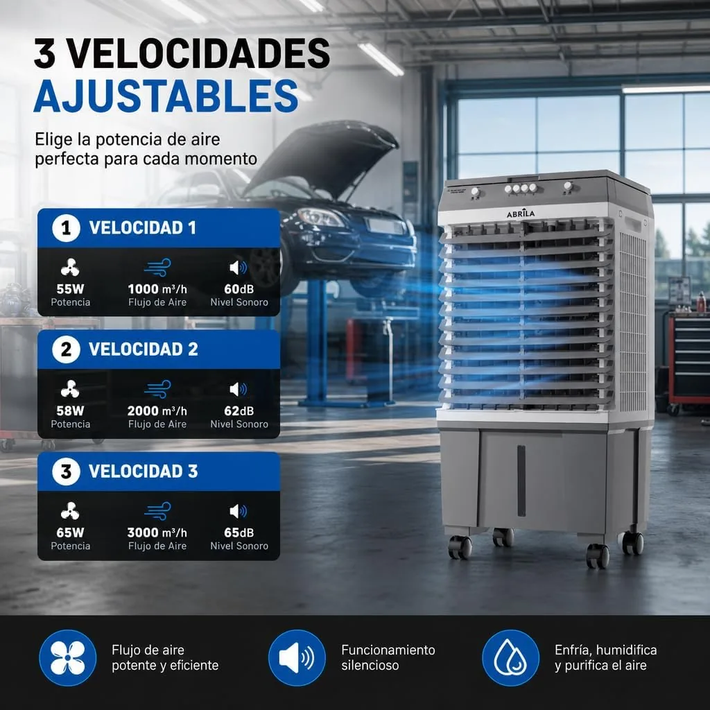 Climatizador Evaporativo 20L | Sin Tubo Exterior | Triple Función: Frío, Humidificador y Ventilación | 4 Acumuladores de Frío | 3 Velocidades | Lamas Oscilantes | Portátil con Ruedas foto 3
