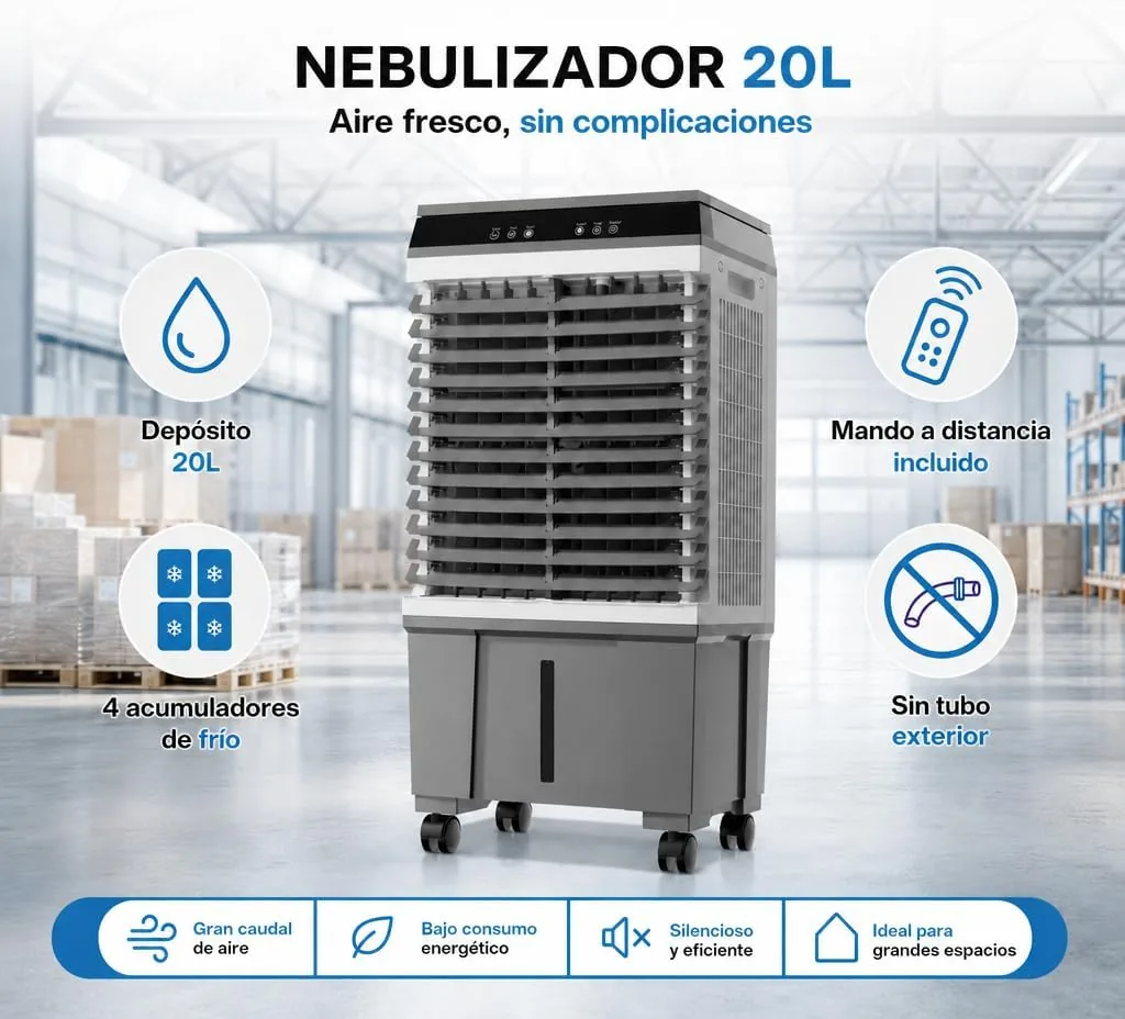 Climatizador Evaporativo Industrial 20L | Sin Tubo Exterior | Naves, Talleres y Terrazas hasta 20 m² | 65W | 3 Velocidades | Mando a Distancia | 4 Acumuladores de Frío | Oscilante | Portátil foto 2