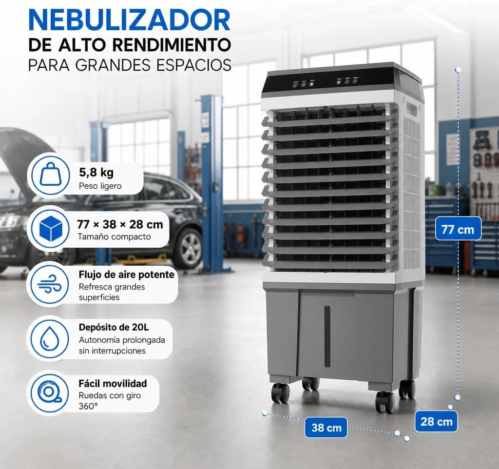 Climatizador Evaporativo Industrial 20L | Sin Tubo Exterior | Naves, Talleres y Terrazas hasta 20 m² | 65W | 3 Velocidades | Mando a Distancia | 4 Acumuladores de Frío | Oscilante | Portátil foto 3