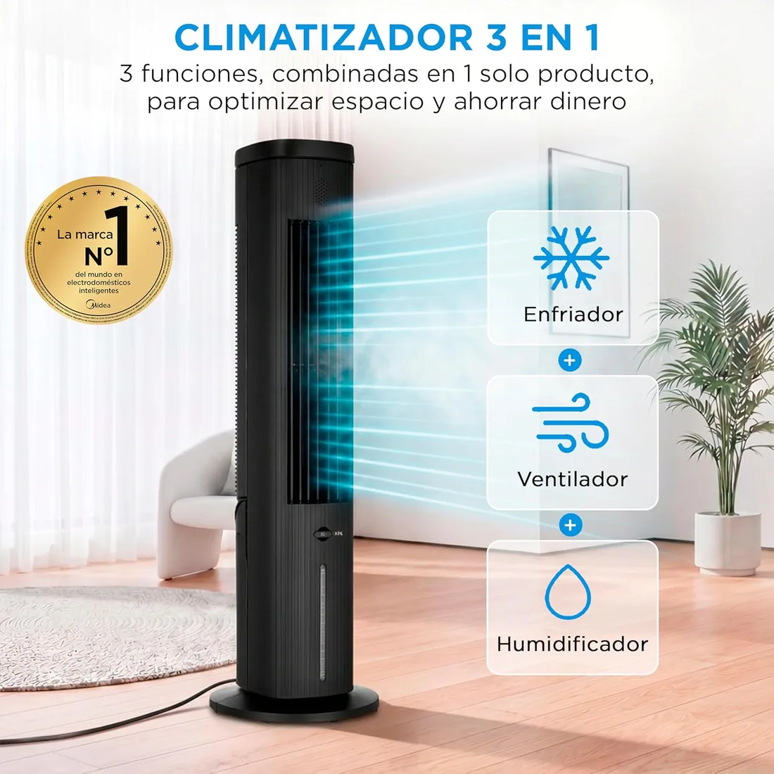 MIDEA Climatizador Evaporativo 3 en 1 con Mando a Distancia - Ventilador de Agua, Enfriador de Aire, Humidificador de 3 Velocidades, Oscilación 85º - Climatizador Frio Silencioso con Tanque de Agua 5L foto 3