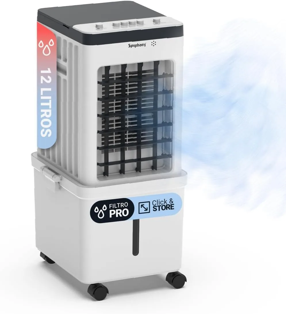 SYMPHONY Ventus12— Climatizador Evaporativo Portátil 12L, Silencioso 30 dB para Dormitorio y Oficina, Solo 65W (-90% vs Aire Acondicionado), Llenado Continuo, Ruedas, 900 m³/h