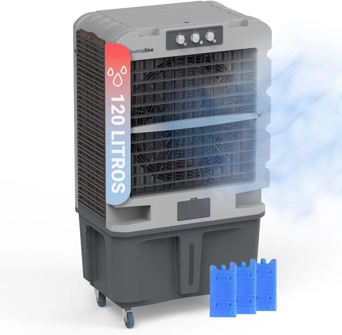 UNIVERSALBLUE Climatizador Modo Evaporativo y Frío Portatil | Aire Acondicionado Natural | x3 Packs de hielo | Capacidad 120L | 3 Velocidades | Silencioso | 10.000 m³/h | Superficies de 80 m²