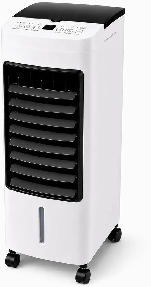 Ventilador Climatizador de Aire 4 en 1- Ventilador, Enfriador, Humidificador y Purificador - Mando a Distancia - Tamaño Medio 50 cm -Temporizador 12 h - Bajo Consumo - 2 Depósitos de Agua o Hielo