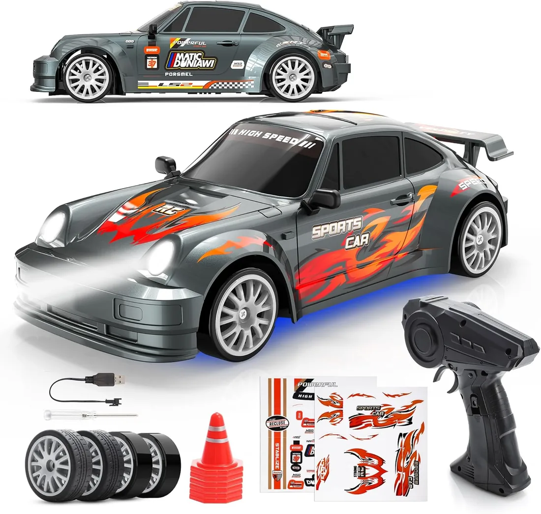 HappyGoLucky Coche RC Drift Car, Coche Teledirigido Drift con Luces LED, 2.4 GHz, 10-15KM/H, 4WD 1:24 Mini Drift Car Juguetes Niños 3-12 Años para Adultos - Regalo Navidad Niño foto 3