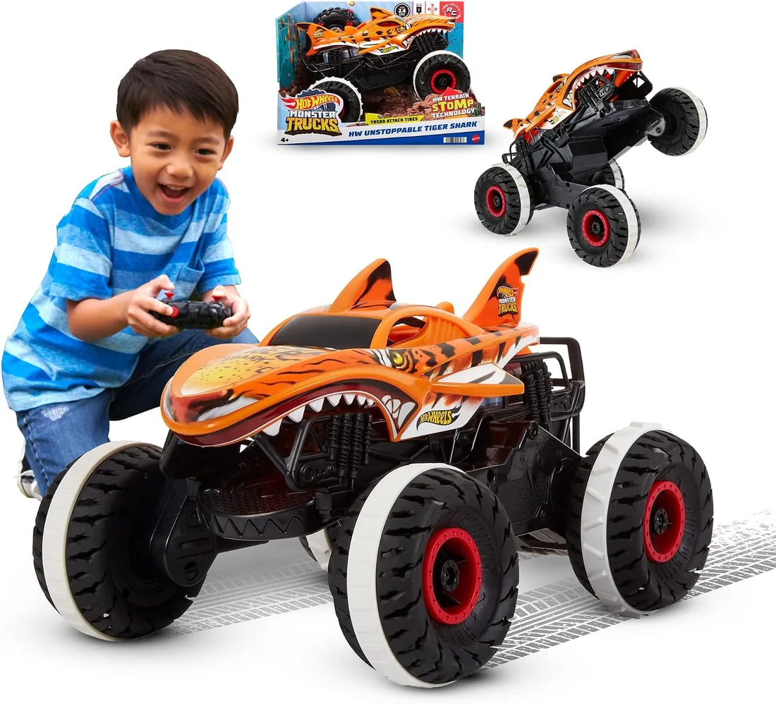 Hot Wheels Monster Trucks Coche Teledirigido, Coche de Juguete Radio Control teledirigido Tiger Shark Unstoppable, vehículo Todoterreno, +3 años, HGV87 foto 3
