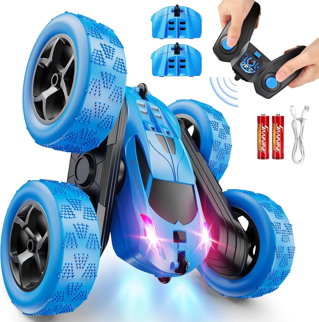 QUNREDA Coche Teledirigido, Coche RC de Juguete para Niños 6-12 Años, 4WD de Acrobacias con Luces LED, Giros 360°, 2,4 GHz, Baterías USB-C Modulares, Regalo de Cumpleaños para Niños, Azul