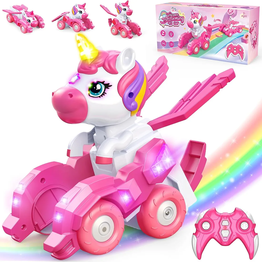 Unicornio Transform Coche Teledirigido, Juguetes Regalo Niñas 4-12 Años | 2,4GHz Monster Truck Coches para Niños, 360°, Luz, Type-C Batería Recargable, Coche RC Robot Regalo Cumpleaños Navidad