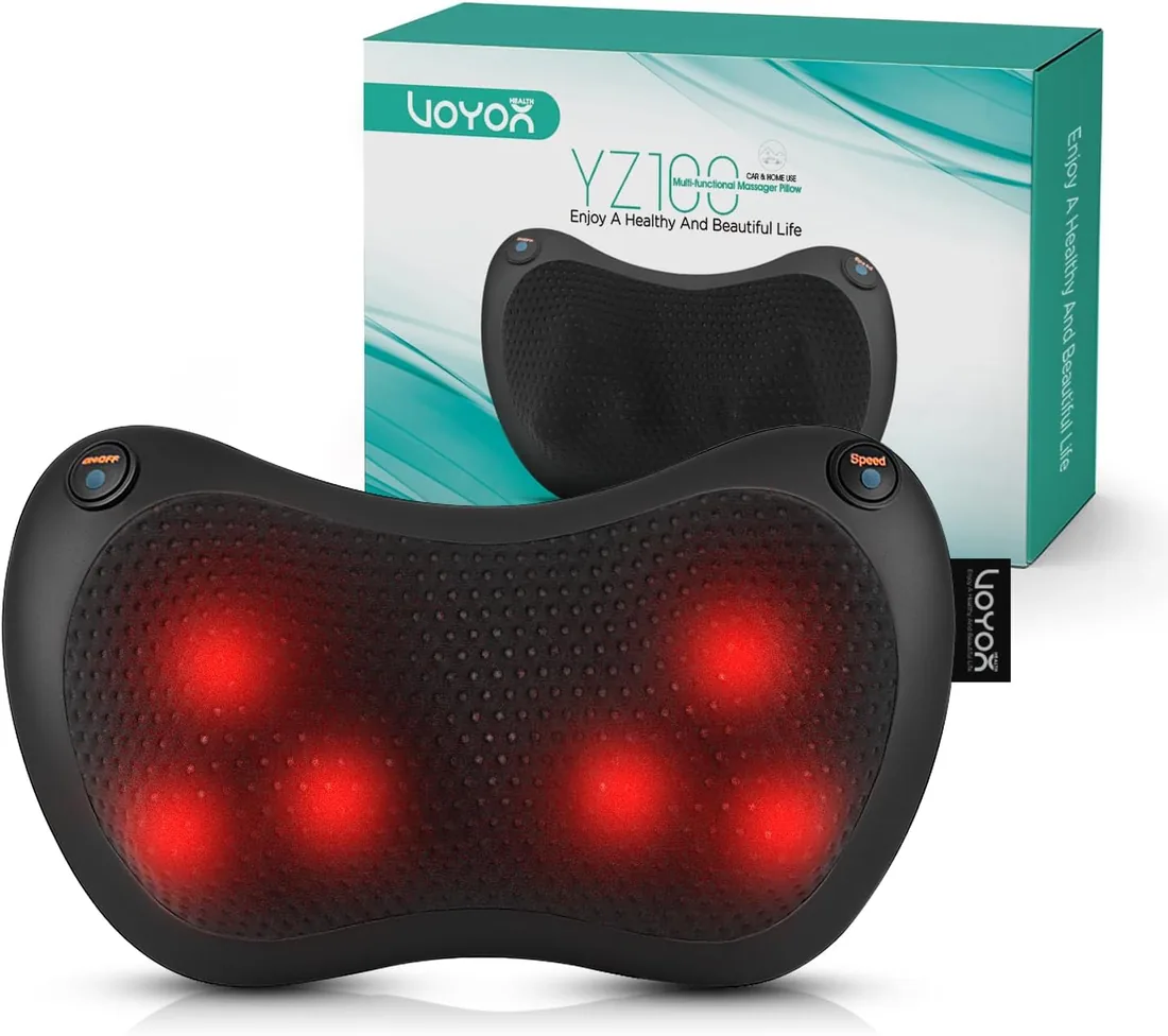 VOYOR-HEALTH Cojín Masajeador Shiatsu para Cervicales y Espalda con Calor | Cojín de Masaje con 3 Intensidades, Masajeador de Espalda para Alivio del Dolor en Cuello y Lumbar, Casa y Coche, YZ100