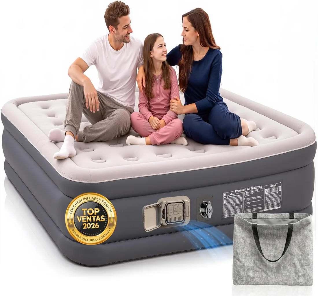 AKAMBO® Super Pack Colchón Hinchable Matrimonio 203x152x46cm + Accesorios | Elevado y Portátil | Cama Hinchable para Invitados, Camping y Casa