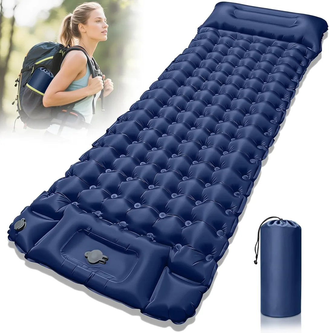 Colchon Hinchable Camping, 10 cm de Espesor Colchon Inflable Campings, Esterilla Hinchable Camping con Almohada y Bomba de Pie, Ideal para Senderismo, Viajes en Tienda