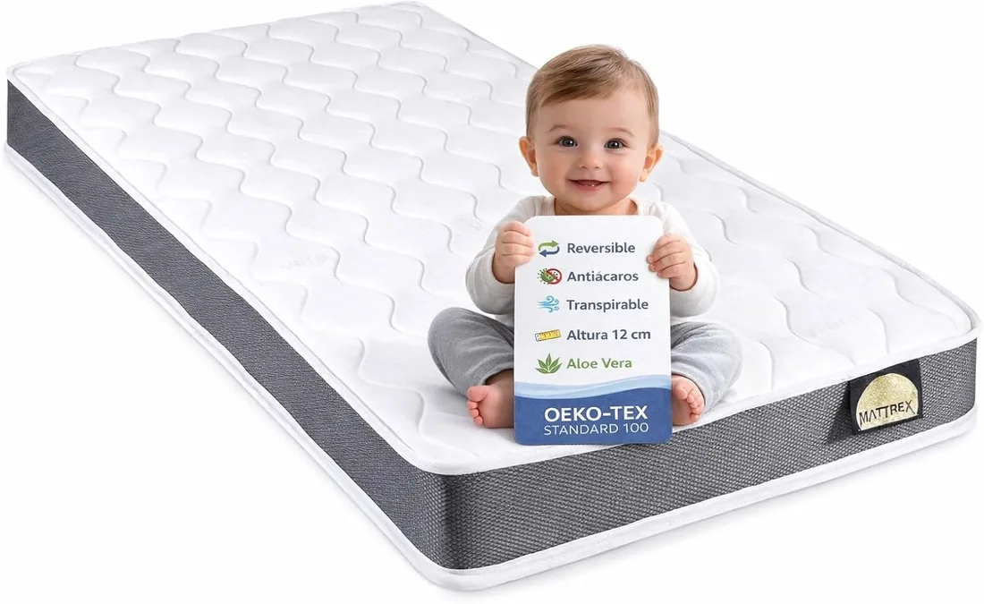 MATTREX | Colchón Cuna 60x120x12 cm EcoFoam HR Adapt Foam Reversible Verano e Invierno – Colchón Cuna 120x60 cm Transpirable 3D, Aloe Vera, antiácaros, Oeko-Tex, Hecho en España