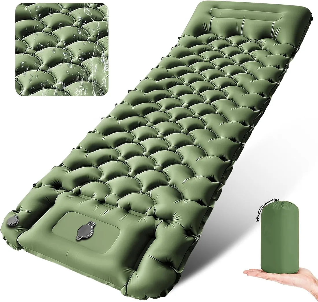 Colchoneta Autoinflable para Camping, 200 × 70 × 10 CM (Verde militar) | Portatíl Ultraligera Impermeable Colchoneta Camping, con Almohada y Bomba de Pie, para Acampada, Trekking, Exteriores, Viaje foto 3