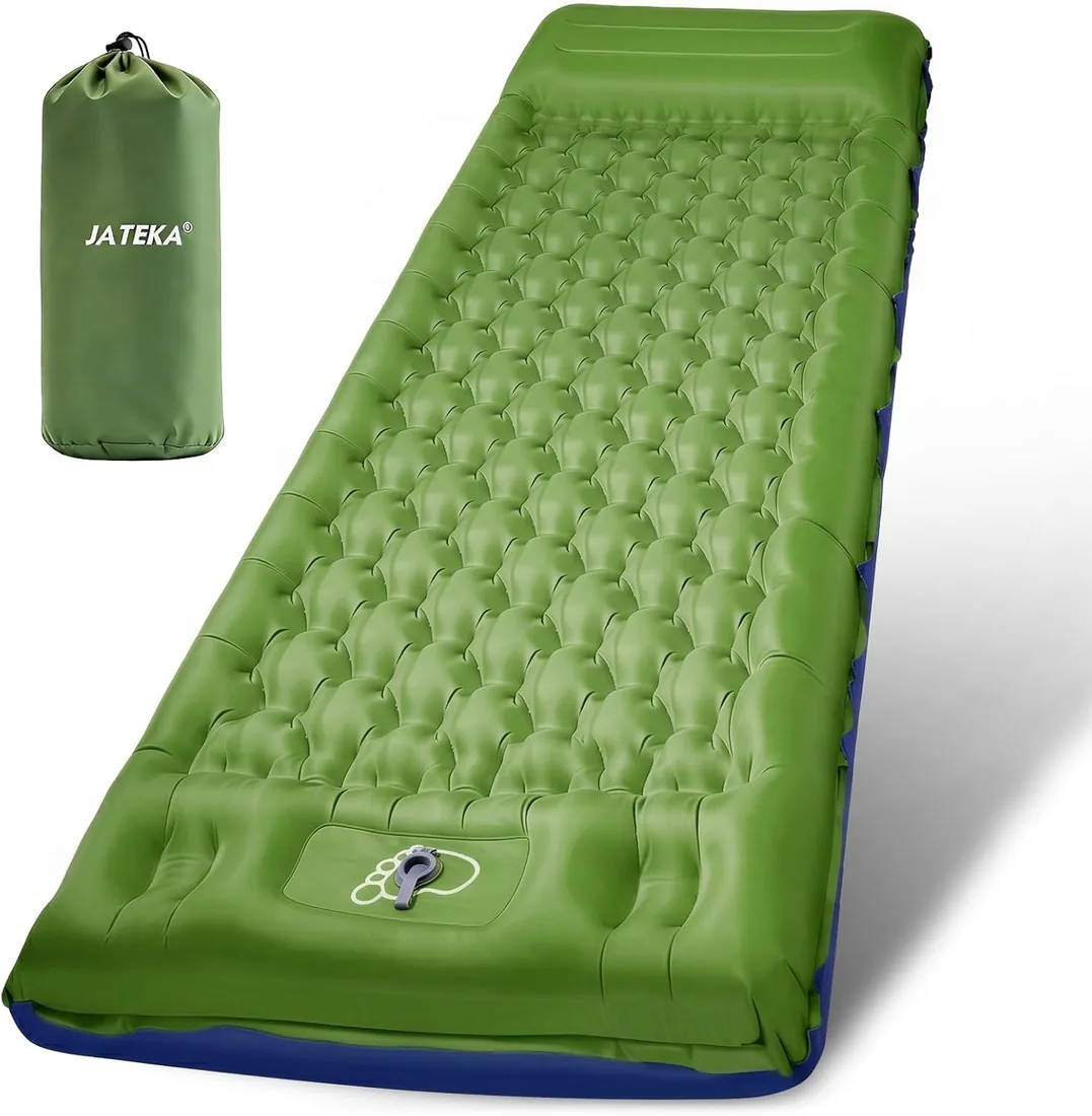 JATEKA Colchoneta Autoinflable XL para Camping, Individual con Correas, Verde y Azul, Colchón Ligero para Senderismo