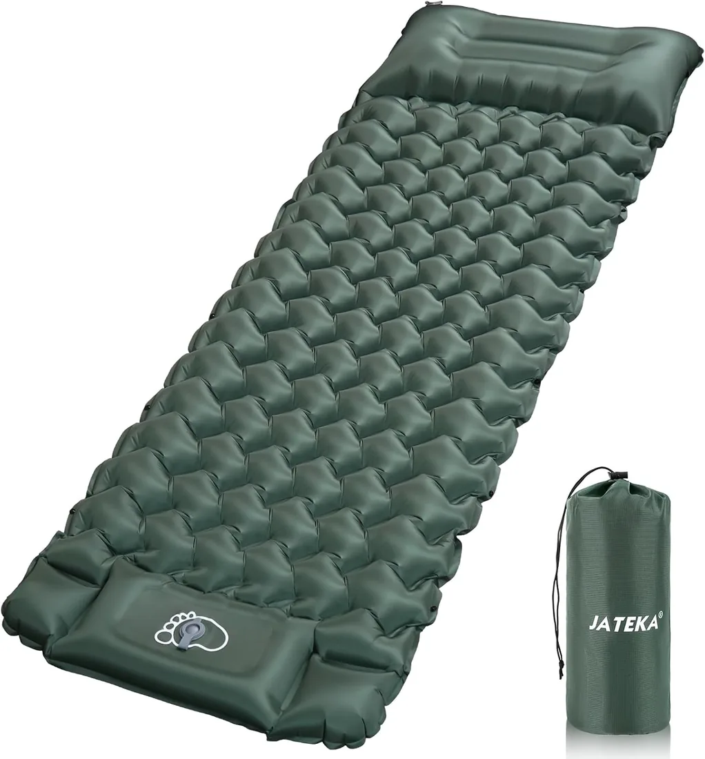 JATEKA Esterilla Camping Inflable, Colchoneta Camping Autoinflable Individual con Bomba de Pie, Esterilla Hinchable con Almohada, Colchón de Aire Ultraligero y Compacto para Camp Viaje Playa