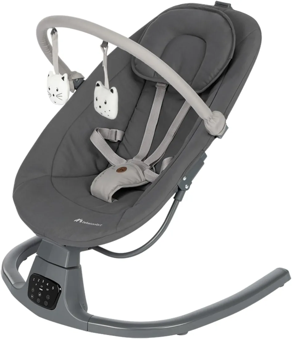 Bebeconfort Jolana, Hamaca Bebé Eléctrica, 0-6 M (9 kg), Detección Automática Movimiento, 12 Canciones Calmantes, 5 Sonidos Naturaleza, Cojines, Respaldo Ajustable, 2 Posiciones, Tinted Graphite