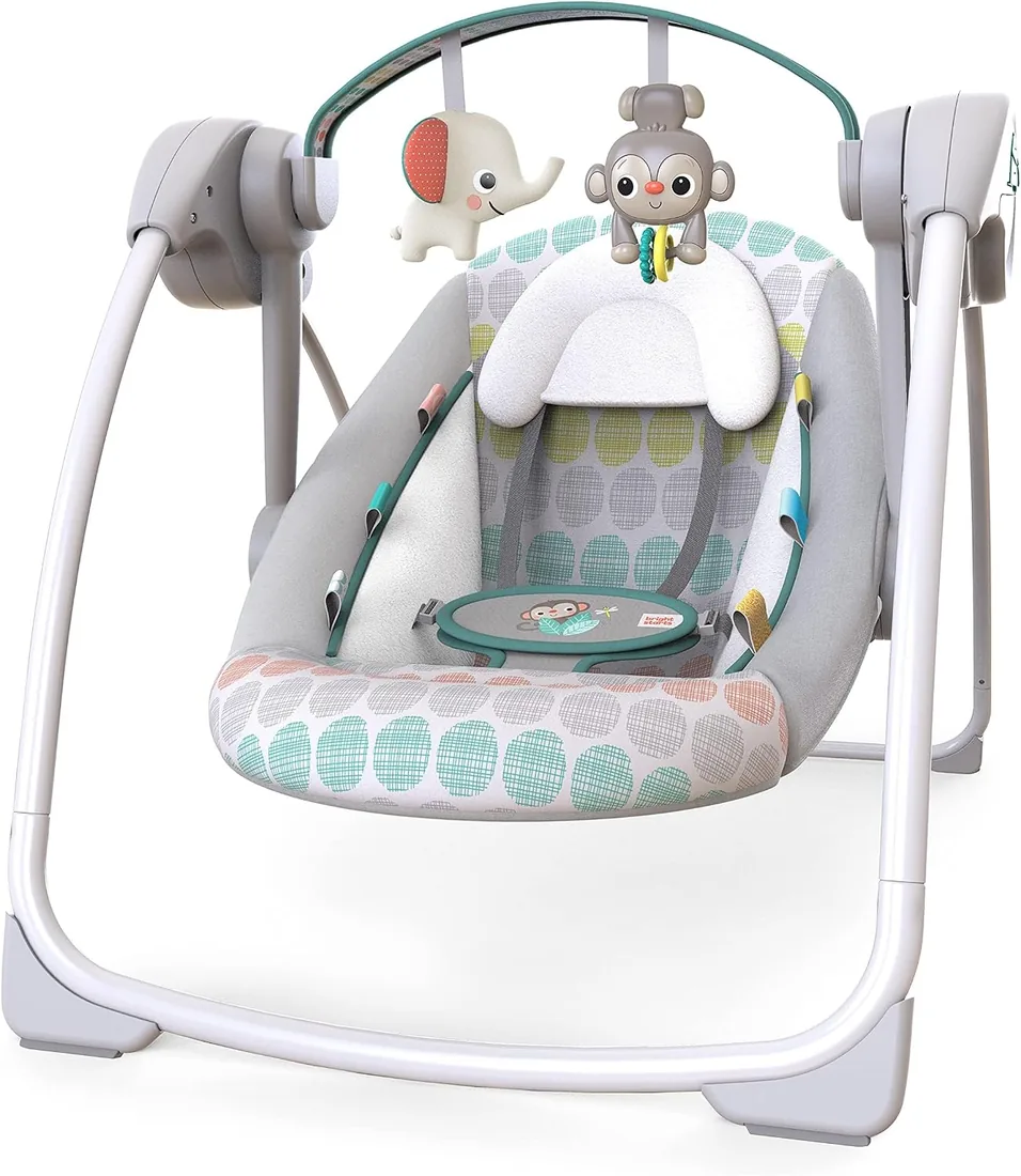 Bright Starts, Columpio Automático Portátil de 6 Velocidades con Velocidad Adaptable, Taggies, Música, Barra de Juguetes Extraíble, 0-9 Meses 6-20 lbs (Whimsical Wild)