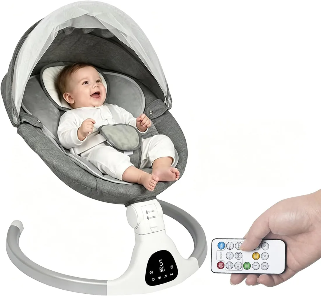 JFOVMCYG Columpio eléctrico para recién nacido con control remoto, 5 velocidades de balanceo, temporizador 8/15/30 min, arnés de 5 puntos, asiento lavable, estructura estable – Gris