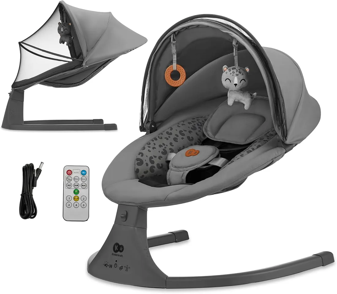 Kinderkraft Hamaca LUMI 2, Columpio eléctrico para bebés, Desde el nacimiento hasta los 9 meses, Altura regulable, 5 modos, 12 melodías, Arco con juguetes, Gris oscuro foto 2