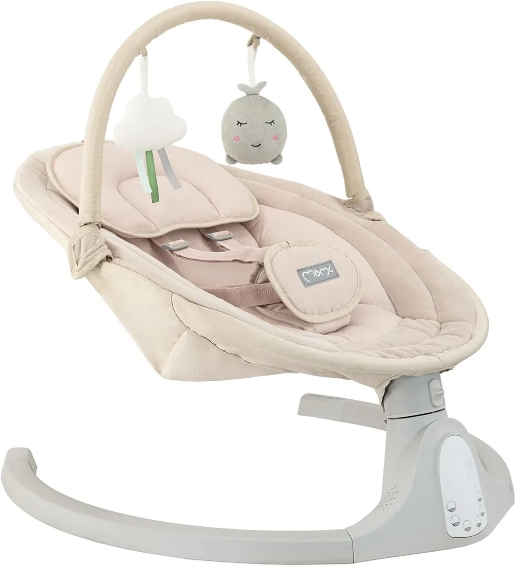Mecedora MoMi KENANI SAND para niños de hasta 9 kg, con pantalla LED, mando a distancia, Bluetooth, arnés de 5 puntos, barra y juguetes, alimentada por pilas y/o electricidad foto 2
