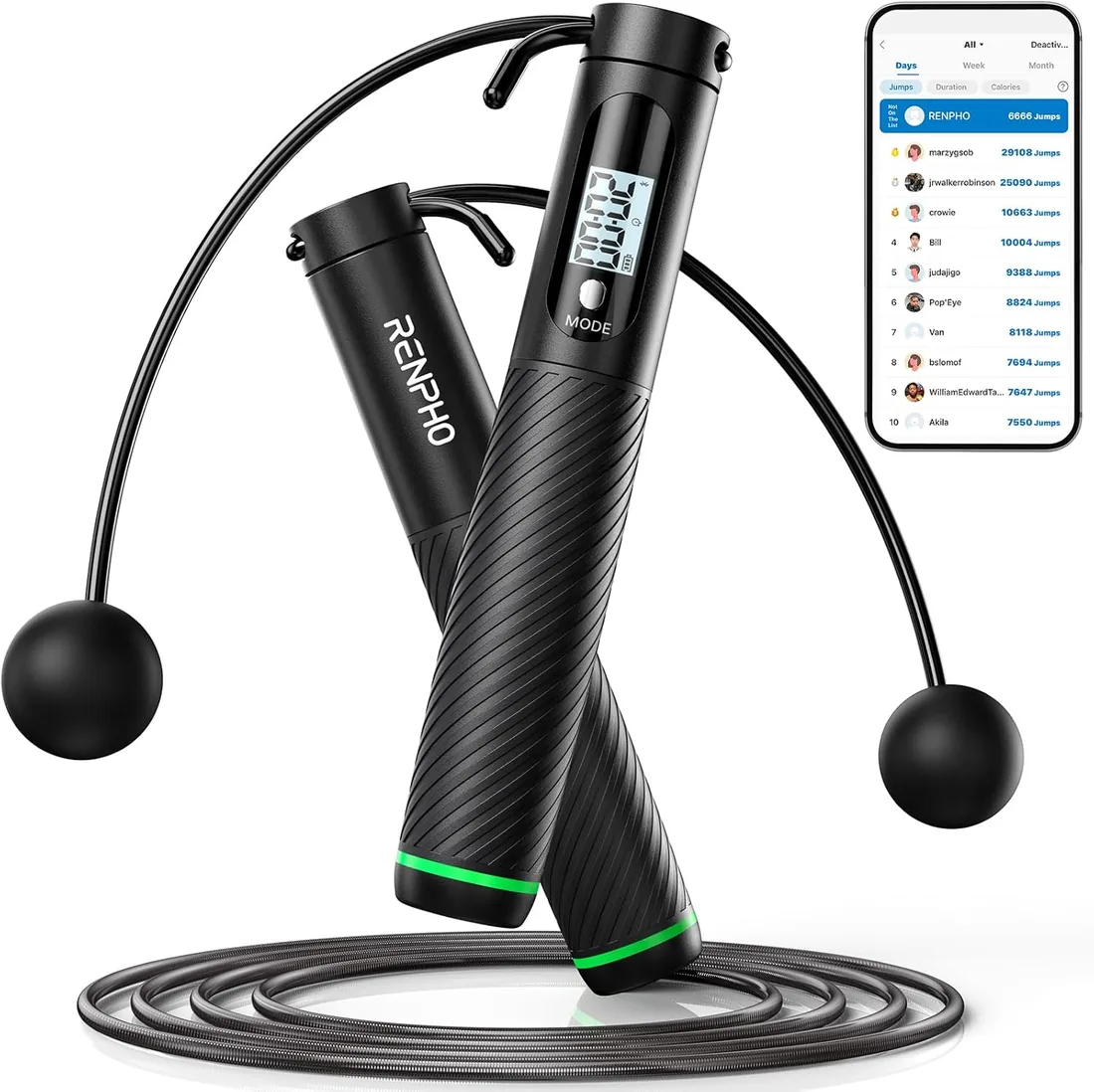 RENPHO Smart Cuerda para Saltar con Contador, Combas Ajustable para fitness, inteligente Análisis de Datos Aplicación, Cuerda de Saltar Profesional Entrenamiento para Mujer Niños adultos MMA