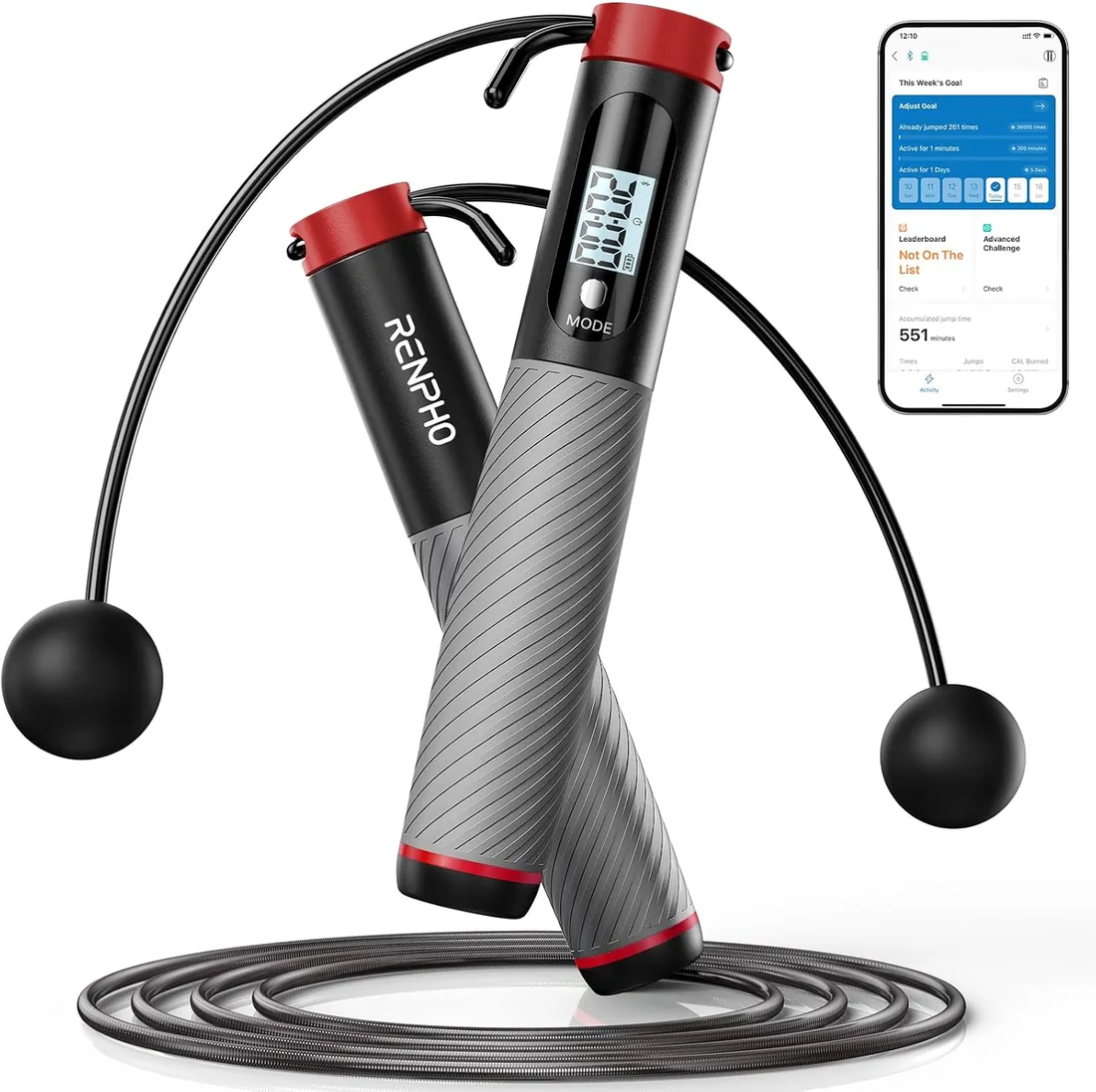 RENPHO Smart Cuerda para Saltar con Contador, Combas Ajustable para fitness, inteligente Análisis de Datos Aplicación, Cuerda de Saltar Profesional Entrenamiento para Mujer Niños adultos MMA foto 2