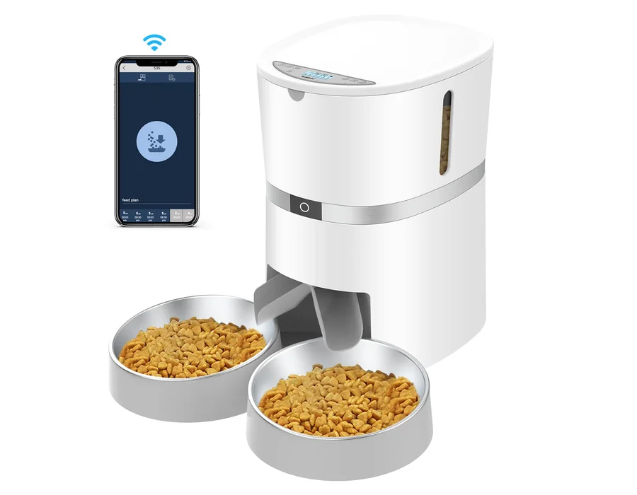 2.4G WiFi Comedero Automático para Gatos y Perros & Múltiples Mascotas,Dispensador de Comida con Control Remoto de Aplicación,10s grabación de Voz,Programable Tiempo de la Comida y