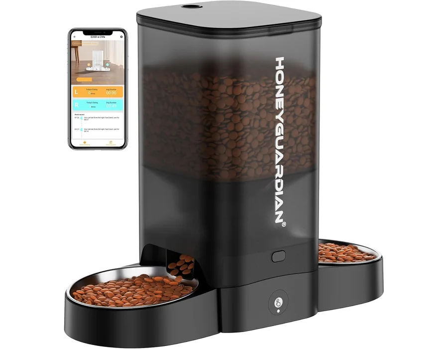 Comedero Gato Automático 5G WiFi, 5L Dispensador Comida para Gato/Perro con 2 Tazones, Alimentador Automático con Temporizador, Automatic Cat Feeder Control de App, 6 Comidas al Dí
