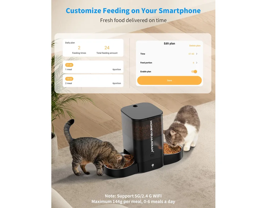 Comedero Gato Automático 5G WiFi, 5L Dispensador Comida para Gato/Perro con 2 Tazones, Alimentador Automático con Temporizador, Automatic Cat Feeder Control de App, 6 Comidas al Dí foto 2