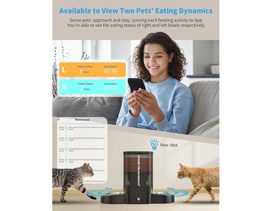 Comedero Gato Automático 5G WiFi, 5L Dispensador Comida para Gato/Perro con 2 Tazones, Alimentador Automático con Temporizador, Automatic Cat Feeder Control de App, 6 Comidas al Dí foto 3