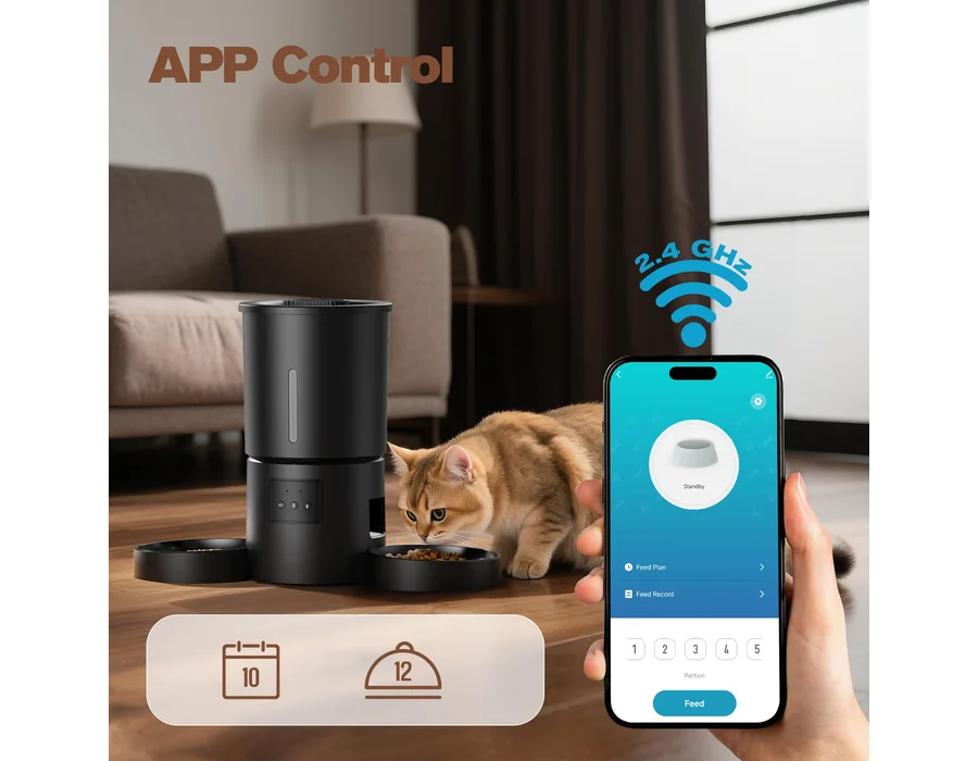 Comedero Gato Automático Doble & App: Dispensador Automático de 5L con WiFi 2.4G y Temporizador para Comida Seca - Diseño de Comedero Doble AONBOY para Múltiples Gatos y Perros - N foto 2