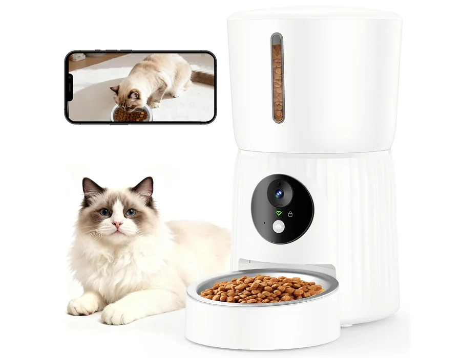 Faroro Comedero Gato Automático WiFi, 1080P HD Cámara con Visión Nocturna, 4L Alimentador para Perros/Gatos con Audio 2Vías, App Control,Sensor Anti-Bloqueo y Alimentación Dual (Bl