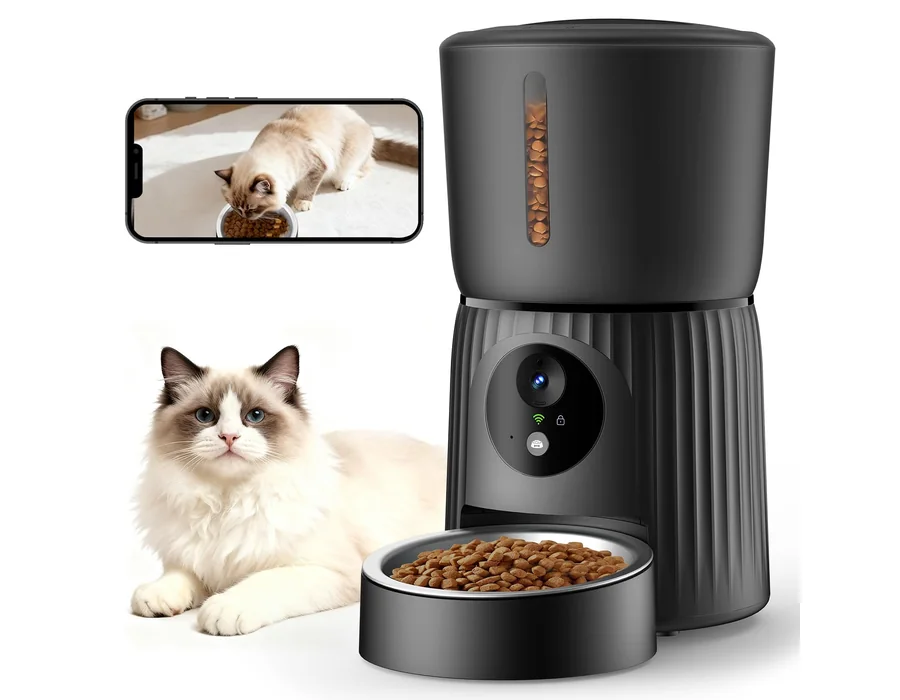 Faroro Comedero Gato Automático WiFi, 1080P HD Cámara con Visión Nocturna, 4L Alimentador para Perros/Gatos con Audio 2Vías, App Control, Cámara Ajustable, Sensor Anti-Bloqueo y Al