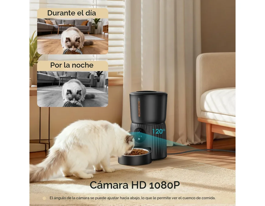 Faroro Comedero Gato Automático WiFi, 1080P HD Cámara con Visión Nocturna, 4L Alimentador para Perros/Gatos con Audio 2Vías, App Control, Cámara Ajustable, Sensor Anti-Bloqueo y Al foto 2