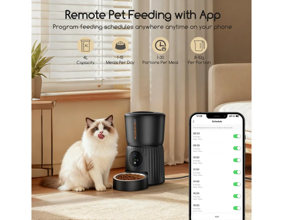 Faroro Comedero Gato Automático WiFi, 1080P HD Cámara con Visión Nocturna, 4L Alimentador para Perros/Gatos con Audio 2Vías, App Control, Cámara Ajustable, Sensor Anti-Bloqueo y Al foto 3