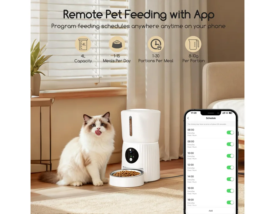 Faroro Comedero Gato Automático WiFi, 1080P HD Cámara con Visión Nocturna, 4L Alimentador para Perros/Gatos con Audio 2Vías, App Control,Sensor Anti-Bloqueo y Alimentación Dual (Bl foto 3