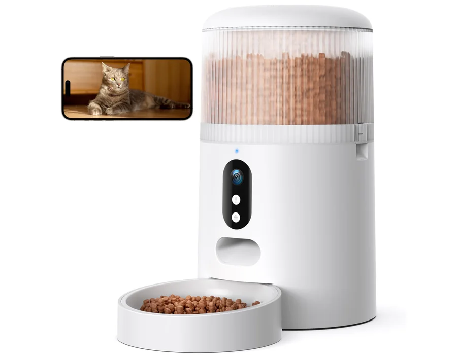 Faroro Comedero Gato Automatico WiFi, 3MP HD Cámara con Visión Nocturna, 4L Alimentador para Perros/Gatos con Audio Bidireccional, App Control, Detección de Movimiento y Fuente de