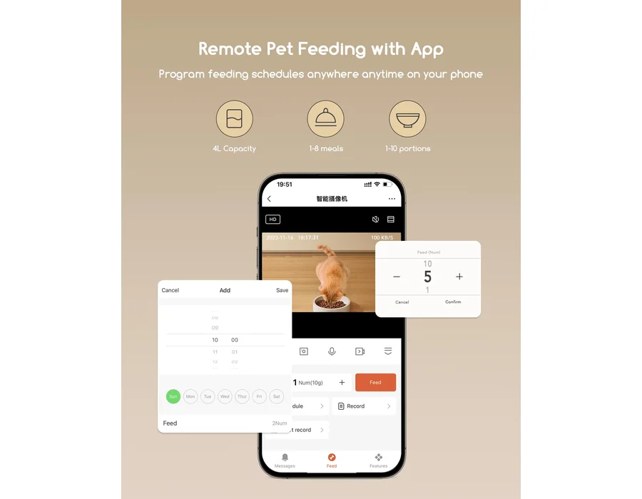 Faroro Comedero Gato Automatico WiFi, 3MP HD Cámara con Visión Nocturna, 4L Alimentador para Perros/Gatos con Audio Bidireccional, App Control, Detección de Movimiento y Fuente de foto 3