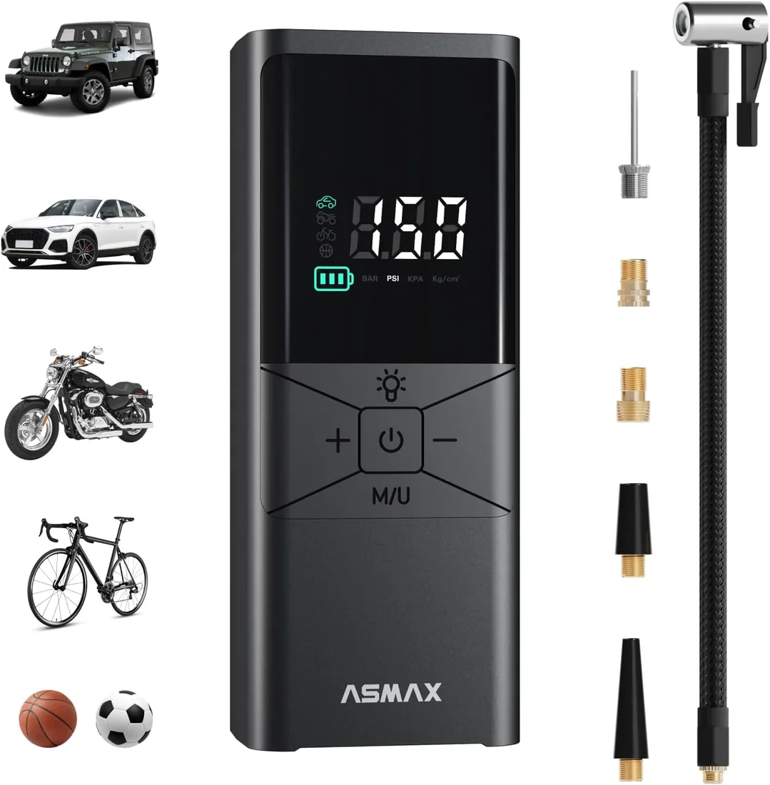 ASMAX T40 Compresor de Aire Portatil para Neumáticos 150PSI/10.3Bar | Inflador Electrico 25L/min, Manómetro Digital, 6000mAh Batería Recargable, Apagado Automático, para Coche, Moto, Bic, Pelota