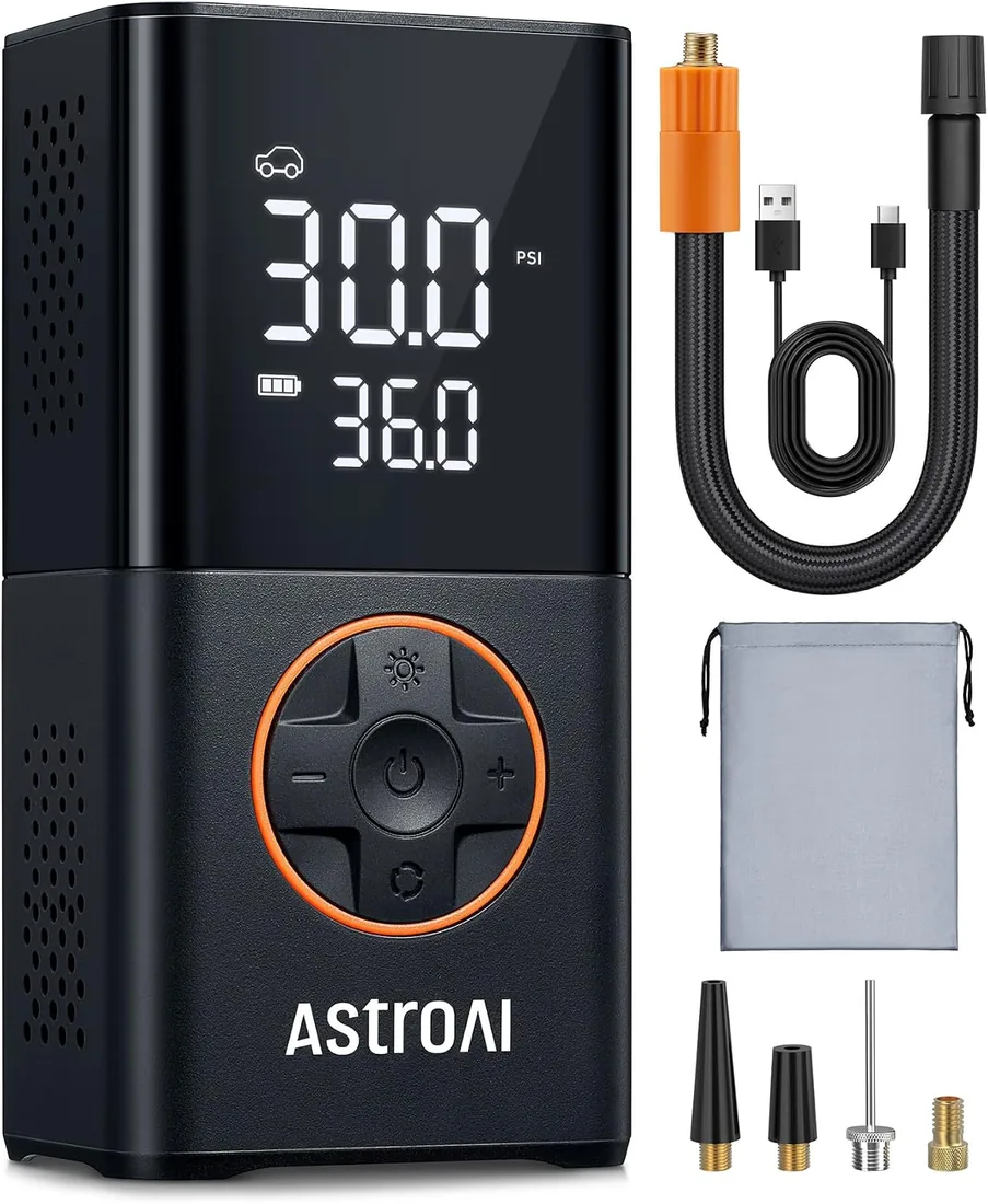 AstroAI Compresor Aire Portátil Multiuso 150 PSI Apagado Automático | Inflador Ruedas Inalámbrico con Batería Recargable y Luz LED, Hinchador para Coche Eléctricos, Bici, Moto y Etc. (Naranja)
