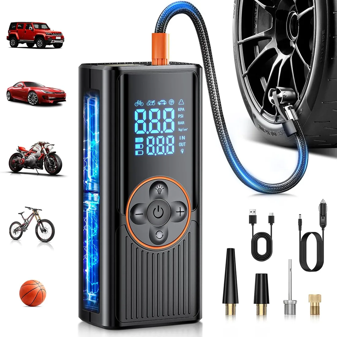 Compresor Aire Portátil 8000mAh, 150PSI Inflador Ruedas Coche, Inflador Electrico Bicicleta de Doble Alimentación con Pantalla Digital y Luz LED, Apagado Automático para Coche, Moto, Bicicleta, Pelota foto 3