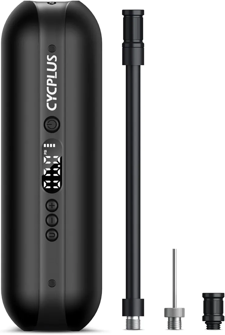 CYCPLUS Bomba Eléctrica Bicicleta Inflador Portátil 150PSI Auto-Off | Inflado rápido, luz LED emergencia, manguera integrada, batería 2600mAh, válvulas Presta/Schrader, para coche, moto y bici