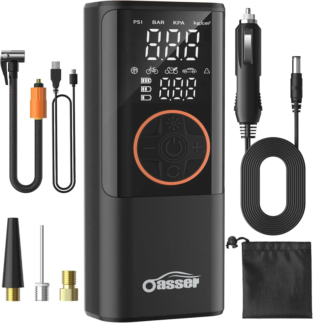 Oasser Compresor Aire Portatil Pequeño 6000mAh 150PSI, Cable Encendedor 3M | Pantalla LCD Doble Visualización Parada Automática Bolsa Almacenamiento para Coche Moto Bicicleta Bola foto 3
